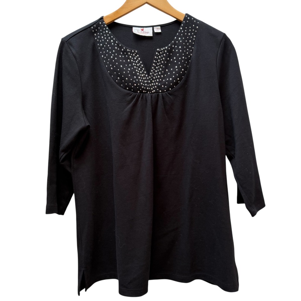 Quacker‎ Factory Womens Black Embellished 3/4 Sleeve  Tunic Top Size L